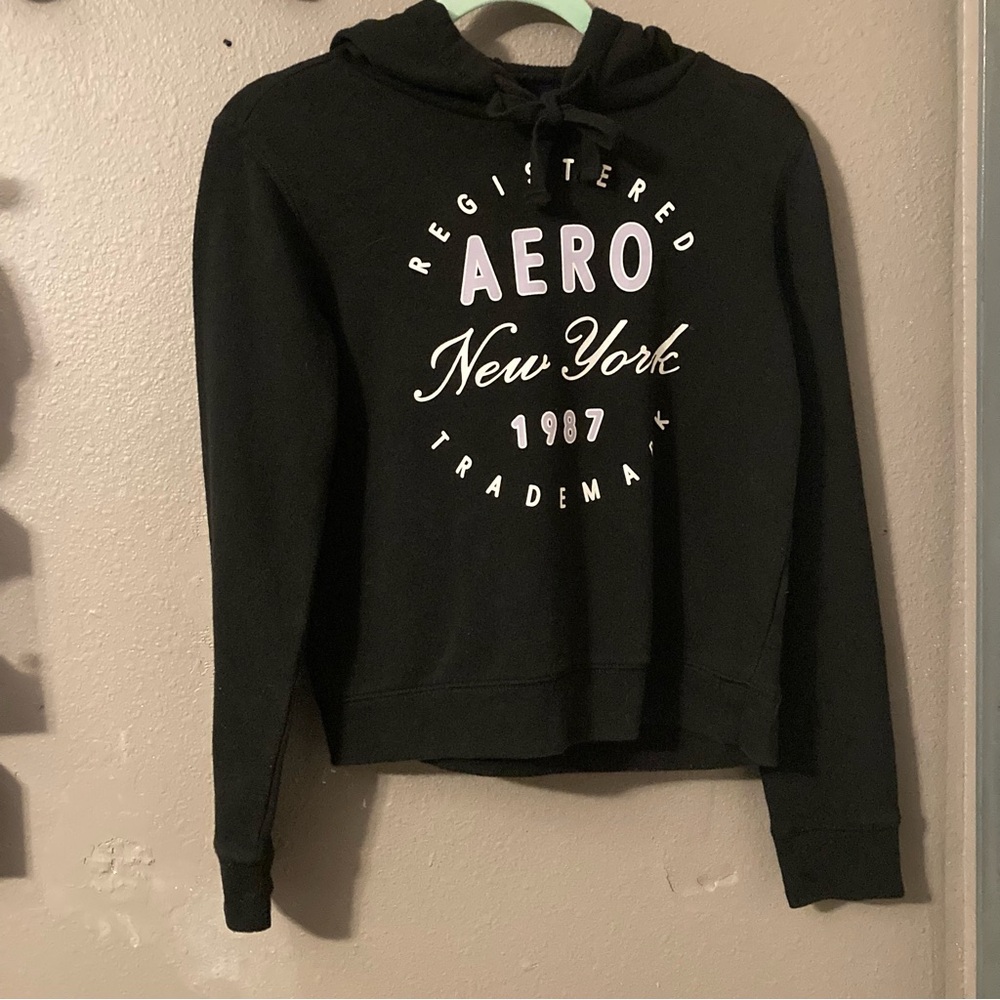 Aeropostale Black Hoodie with White & Lilac Logo